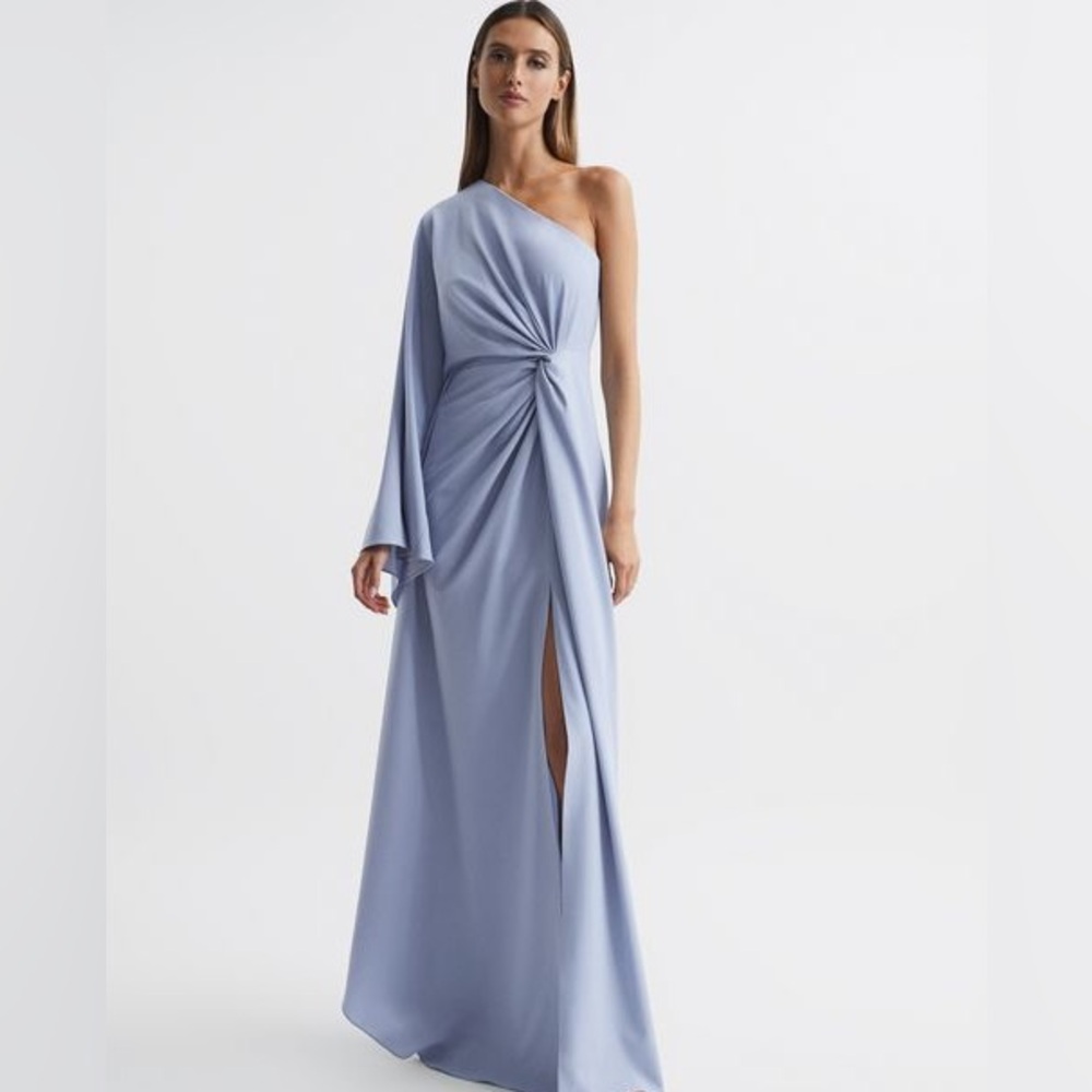 NWT Halston Ariella one shoulder light blue crepe gown